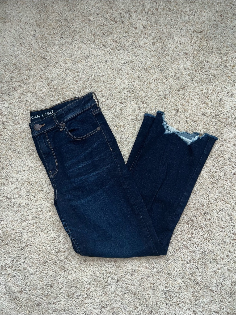 American Eagle Outfitters Dark Indigo High-Rise Crop Flare Jeans with Frayed Hem